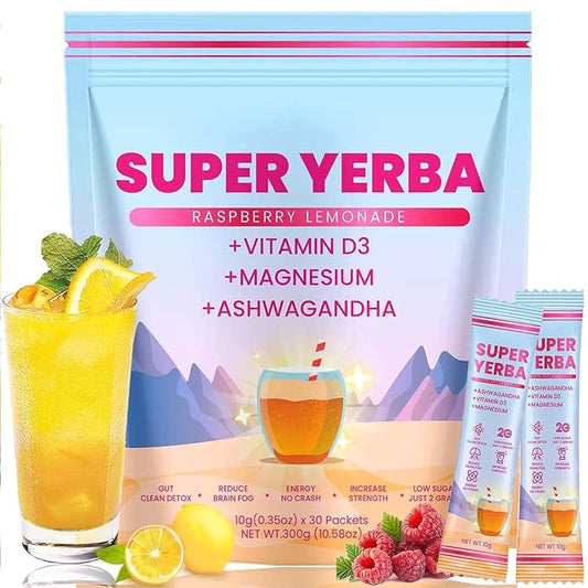 Anwezen Super Yerba Mate Instant Powder Packets - Raspberry Lemonade Flavor | Mental Clarity，Brain Fog Buster& Digestive Support with Antioxidants - 30 Servings