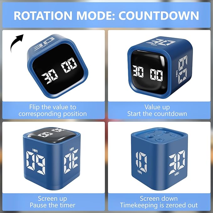 GuDoQi Multi-Function Cube Timer, 5/10/30/60 Min & Custom Count Down, Included Pause & Resume Feature, Silent, Vibrate & Adjustable Sound Alarm for Productivity in Tasks,Study & Kitchen, Classic Blue