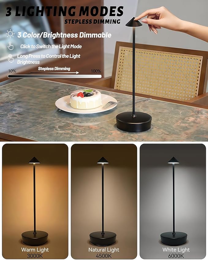 Black Cordless Rechargeable Table Lamp 7200mAh Portable Touch Control LED Waterproof Table Lamp for Bedroom Reading