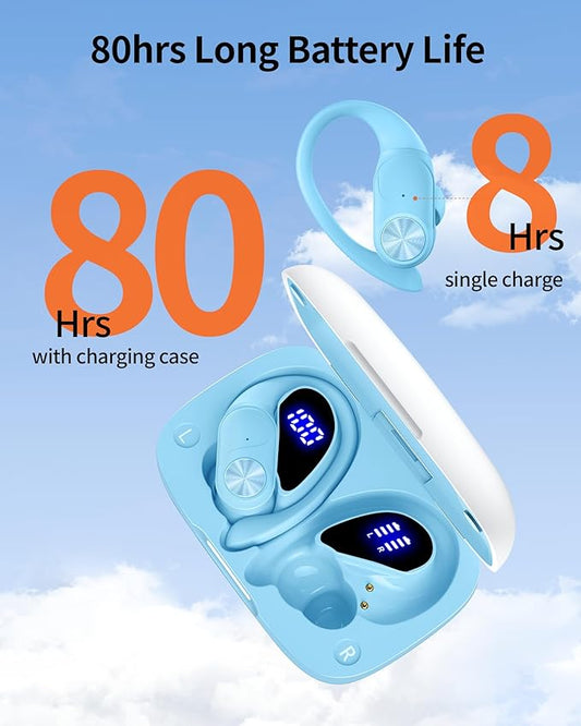 PocBuds Bluetooth Headphones Wireless Earbuds 80hrs Playtime Wireless Charging Case Digital Display Sports Ear Buds with Earhook Deep Bass IPX7 Waterproof Over-Ear Earphones for TV Phone Laptop Blue