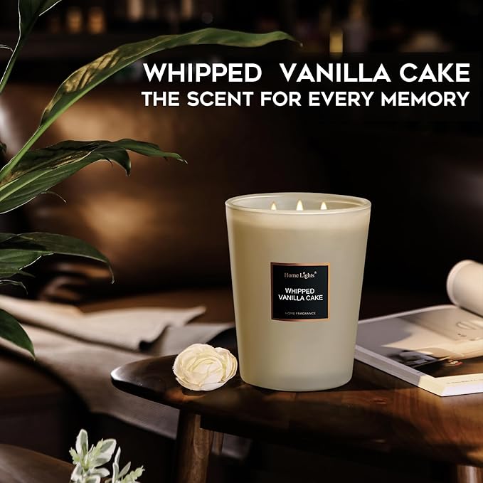 HomeLights Scented Candles, Big 33.3 oz for Home, Natural Soy Aromatherapy Candles, Smokeless Long Lasting 130 hrs with 3 Cotton Wicks, Candles Gifts for Women & Men, Whipped Vanilla Cake