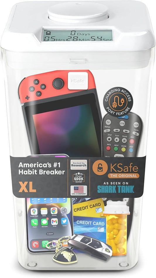 Kitchen Safe Time Locking Container, Cell Phone Jail, Medication Lock Box, Break Bad Habits, Quit Smoking, Stop Snacking, Gaming Addiction, Family Time (XL, White Lid + 12.3” Clear Base + Access Port)