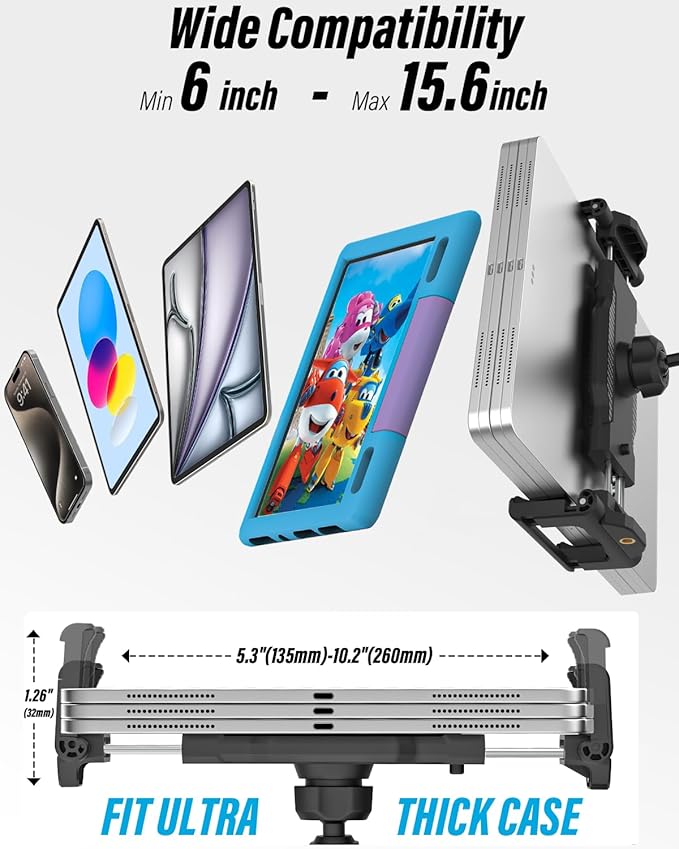 Kitchen Cabinet Tablet Mount - [Metal Adjustable Arm] Under Counter Tablet Holder for Desk Bed Stand with 1.26" Depth Large Clamp for iPad Pro 13 Air Mini, Galaxy, Fire, Switch, iPhone, 6-15.6" Device