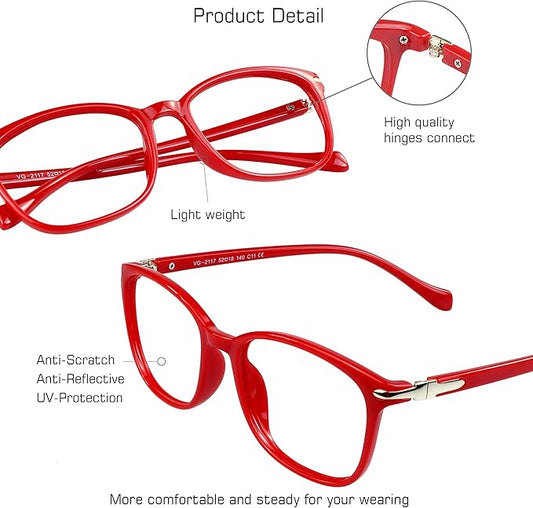VisionGlobal Blue Light Blocking Glasses for Women, Anti Eyestrain, Computer Reading, TV Glasses, Stylish Square Frame, Anti Glare(Red,+5.00 Magnification)