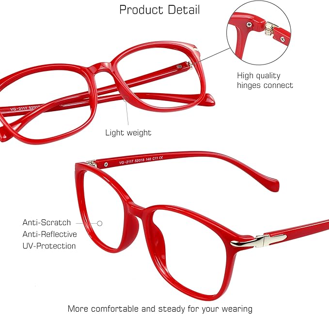 VisionGlobal Blue Light Blocking Glasses for Women, Anti Eyestrain, Computer Reading, TV Glasses, Stylish Square Frame, Anti Glare (Red, 3.00 Magnification)