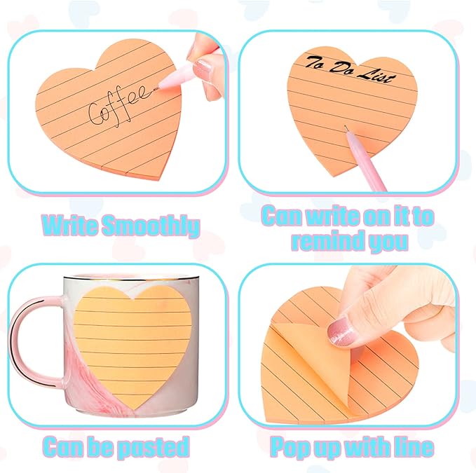 Teling 24 Pcs Heart Shape Lined Sticky Notes Cute Sticky Notes Bright Colorful Sticking Power Memo Pads Red Heart Self Notepads for Office School 3x3 Inch(Light Colors)