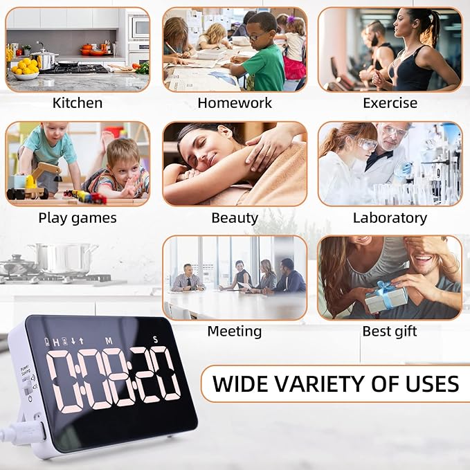 Rechargeable Digital Kitchen Timer for Cooking, Magnetic Timers with Countdown/up, Kids Timer with 5”LED Display 3 Brightness 4 Volume Adjustable for Classroom/Office/Home/Work/Study/Fitness/Game