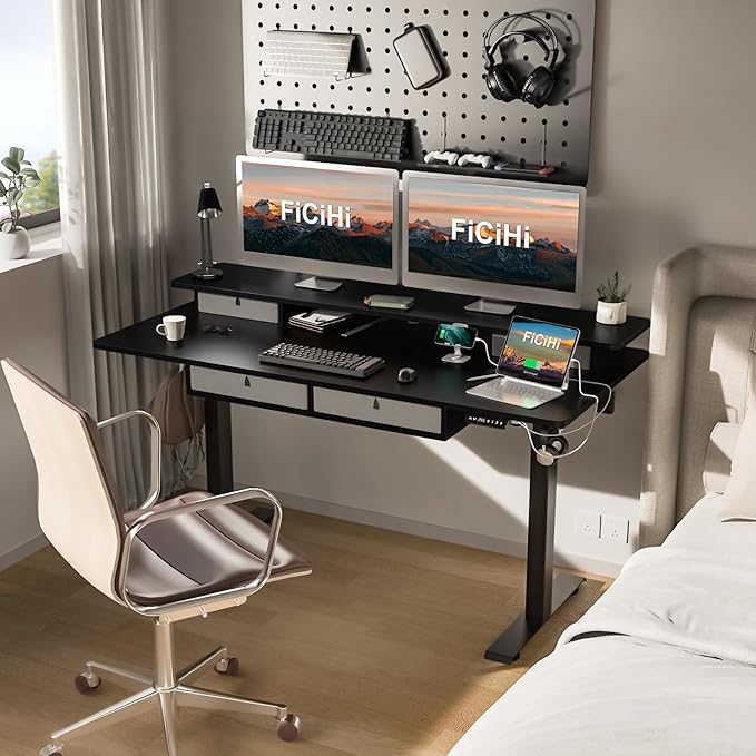 Adjustable Height Standing Desk with 4 Drawers,63 x 30 inches Electric Sit Stand Home Office Desk with Two Tiers, 3 Memory Presets, Monitor Stand Riser, USB A/C Charging Port
