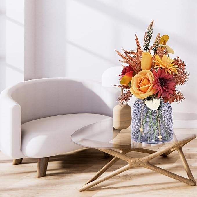 Faux Flowers in Vase - Hydrangea Fall Centerpieces for Tables Fake Flowers with Vase Dining Table Decor, Fake Roses Chrysanthemum Fall Flowers Artificial for Decoration