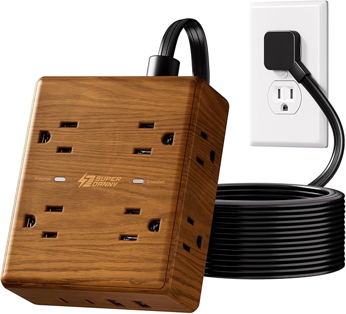Brown Extension Cord 10Ft, Flat Plug Power Strip Surge Protector, 8 Outlets & 4 USB Ports (2 USB C), Desktop Charging Station Hidden Behind Furniture, Decorative Office Desk Accessories (Wood Grain)