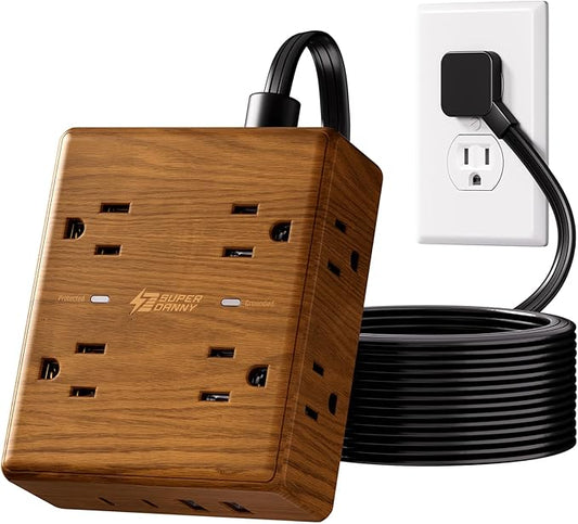 Brown Extension Cord 10Ft, Flat Plug Power Strip Surge Protector, 8 Outlets & 4 USB Ports (2 USB C), Desktop Charging Station Hidden Behind Furniture, Decorative Office Desk Accessories (Wood Grain)