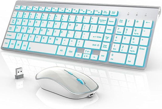 J JOYACCESS Wireless Keyboard and Mouse Combo with 7 Backlit Options,Quiet Light Up Keys,Type-C Rechargeable,Sleep Mode-2.4G Slient Portable Cordless Combo for Laptop/PC/Computer/Mac(White+Sliver)