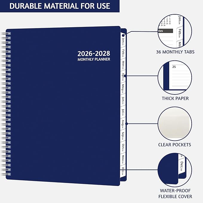 Monthly Planner 2026-2028, 36 Months Calendar Planner 2026-2028 from Jan 2026 – Dec 2028, 8.5'' x 11'' with Ruled Spread, Flexible Cover, Spiral Wirebound, Pocket, Coated Tabs, Notes ＆ Habit Tracker