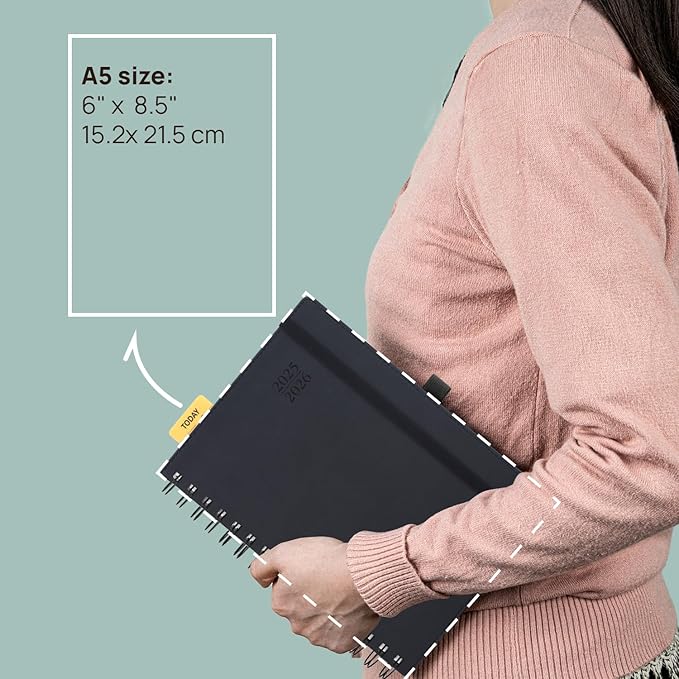 POPRUN Daily Planner 2025-2026 One Page per Day (6'' x 8.5'') with Spiral Bound Leather Soft Cover, Academic Year Appointment Book (Jul.2025 - Jun.2026) with Hourly Slots, Inner Pocket- Black