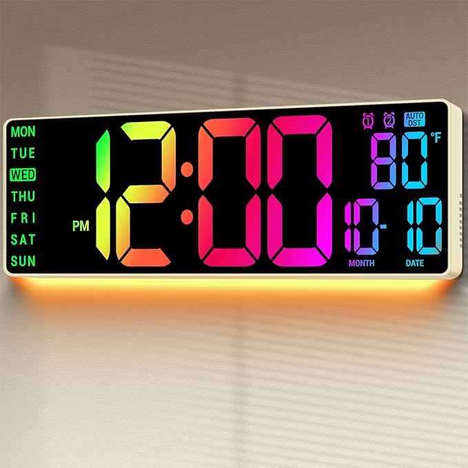 16.5" Large Digital Wall Clock: 11 RGB Colors Wall Mount Decor Clock for Living Room Bedroom Office Classroom, House Warming Gifts New Home Decor, Birthday Gifts for Men Women Khaki