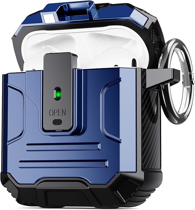 DASFOND Armor Cover AirPods 2nd & 1st Generation Case, Military Grade Full Body Shockproof Protection Hard Case, Support Wireless Charging with Keychain, Magnetic Lid, Front LED Visible, Blue