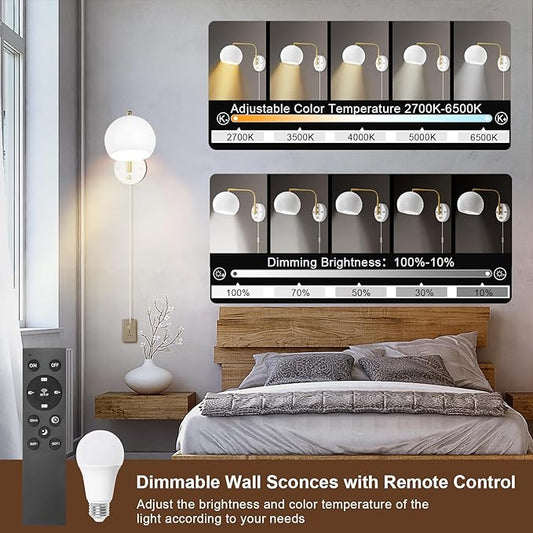 Wall Sconce with Remote Control, Plug in Wall Sconces Dimming 0-100% and Adjustable Color Temperature 2700K-6000K, Brushed Brass White Globe Swing Arm Wall Lights with Plug in Cord(2 Bulbs)