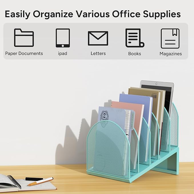 5-Section Desk File Organizer, Metal Mesh Folder Organizer for Documents, Mail & Office Papers (Blue)