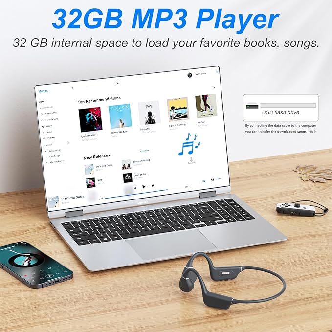 New Open-Ear Bone Conduction Headphones,Bluetooth 5.4 & 32GB Memory MP3 Player Up to 10 Hours Playtime Underwater Sport Earphones IP68 Waterproof,Built-in Mic Wireless Earbuds,for Swimming(Black)