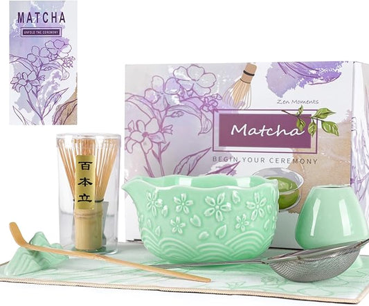 Matcha Whisk Set, Matcha Set 7 Pcs, Ceramic Matcha Bowl with Spout, Bamboo Chasen Whisk & Holder, Scoop, Sifter, Tea Towel, Ideal Gift Christmas, Birthday(Green)