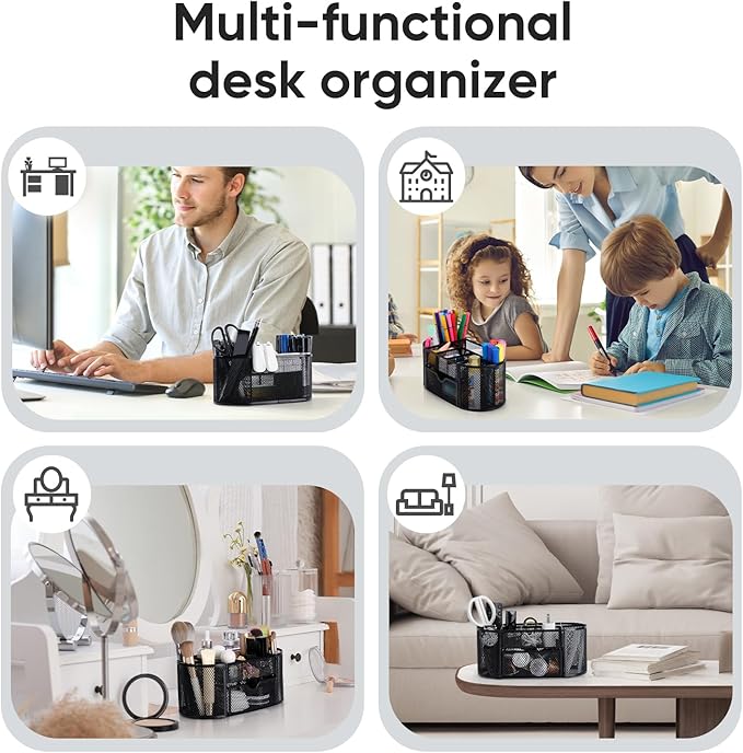 deli Mesh Desk Organizer Office Desktop Organizer with Drawer, Metal Stationary Organizer Desk Caddy Pen Holder, 8 Compartments, Black