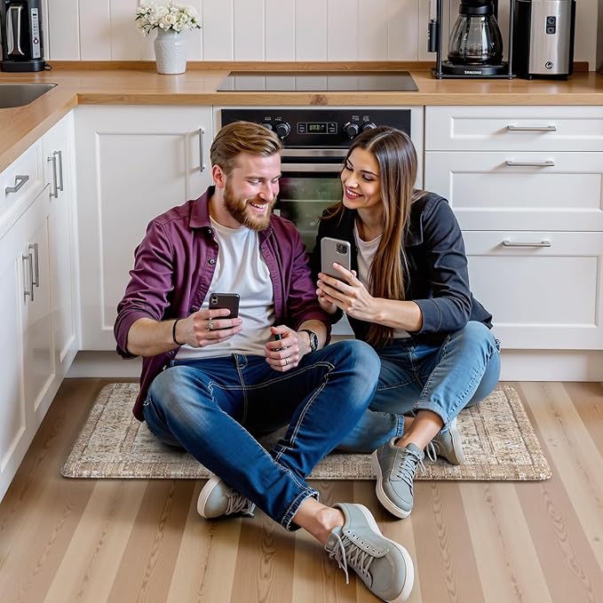 KIMODE Kitchen Mats Cushioned Anti Fatigue, 20"x39" Farmhouse Kitchen Rug, Non Slip Kitchen Mats for Floor, Padded Kitchen Floor Mats, Standing Desk Mat for Sink, Laundry, Desk Khaki