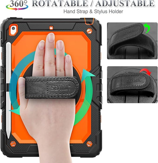 SEYMAC stock Case for iPad 9th/ 8th/ 7th Generation 10.2'', Shockproof with Screen Protector, Pencil Holder [360° Rotating Hand Strap] & Stand, for iPad 10.2 inch 2021-2019 (Brightorange)