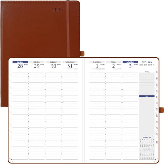 POPRUN 2026 Weekly Planner (A4 Size-8.25'' x 11.75''), 15-Minute Appointment Book (Jan 2026-Dec 2026) with Monthly Tabs, Inner Pockets, Pen Holder, PU Leather Softcover, 100GSM - Brown