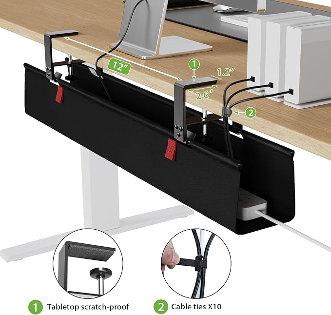 KEEGH No Drill Under Desk Cable Management Tray - 28" Cord Management Under Desk - Clamp/Screw Mount - Support Upto 70lbs - Fabric Wire Management - Gaming/PC Cable Tray Cord Hiders for Office/Home