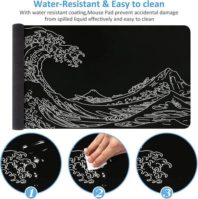 iCasso Mousepad, Gaming Mouse Pad, XXL Large Desk Mat, Big Rubber Base Mouse Mat with Stitched Edges, Computer Keyboard Desk Pad for Work, Game, Office, Home - Black Wave of Kanagawa