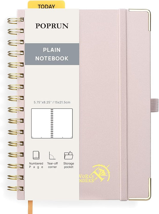 POPRUN Blank Journal Notebook, [A5-5.75'' x 8.25''] - 120 GSM Thick Paper, 141 Numbered Pages, Spiral Hardcover for Men & Women with Pocket, Index Tabs, 8 Perforated Sheets, Light Pink