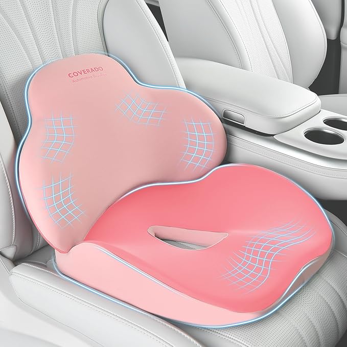 Coverado Seat Cushion and Lumbar Support Pillow for Car Office Chair, Ergonomic Memory Foam Desk Chair Cushion Back Support Pillow, Sciatica & Back & Tailbone Pain Relief Cushion-Pink