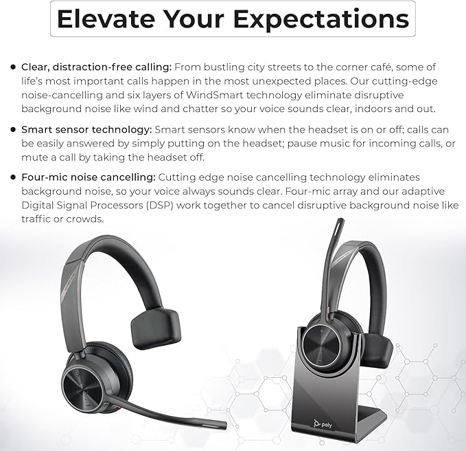 Poly Voyager 4310 UC Wireless Headset + Charge Stand - Connect to PC/Mac & Cell Phone, Single-Ear Headset with Mic + Charging Station + USB A to C Adapter + USB C-C Cable + Pouch + Microfiber Cloth
