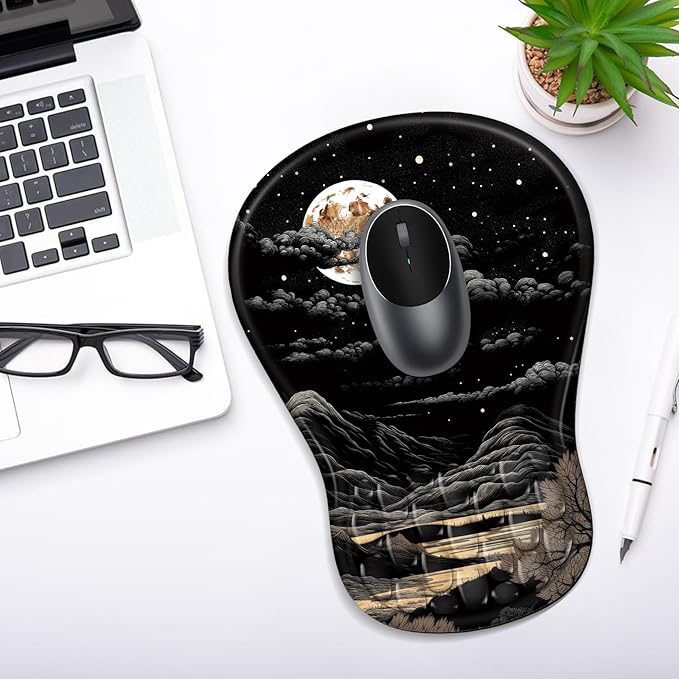 Ergonomic Mouse Pad with Wrist Rest Support, Mousepad with Comfortable Memory Foam Wrist Rest and Non-Slip PU Base for Pain Relief, Computer, Laptop, Office, Home (Moon)