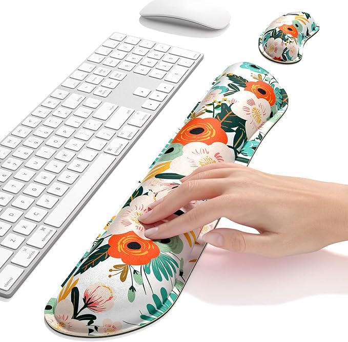 Dapesuom Enlarge Keyboard Wrist Rest, Memory Foam Wrist Cushion for Desk Mats Support, Cute Flower Pain Relief Keyboard Mouse Pad Rests Set with Non-Slip Base for Gaming Laptop Office Computer, Pink