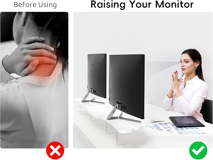 Dual Monitor Stand Riser, Wing-Shaped Sturdy Desktop Wood Stand for 2 Monitors, White Riser for Laptop, PC, Computer