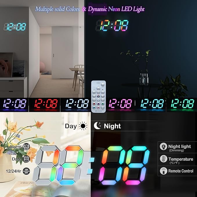 KOSUMOSU LED Wall Clock 15" RGB Digital LED Clock for Living Room Decor, Large Display Gaming Room Clocks, Dimming/12/24 Hr Time/Date/Temp/Remote (White Clock with Neon Light)
