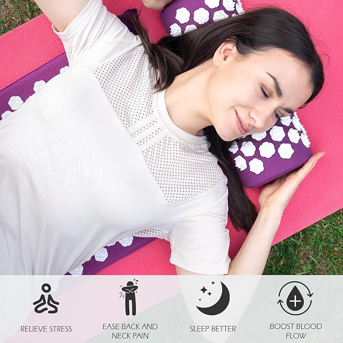 LadyRosian Acupressure Mat and Pillow Set with Oxford Bag, for Neck Back Pain, Muscle Relaxation Stress Relief, Relieve Sciatica and Pain Relief Set (Purple)