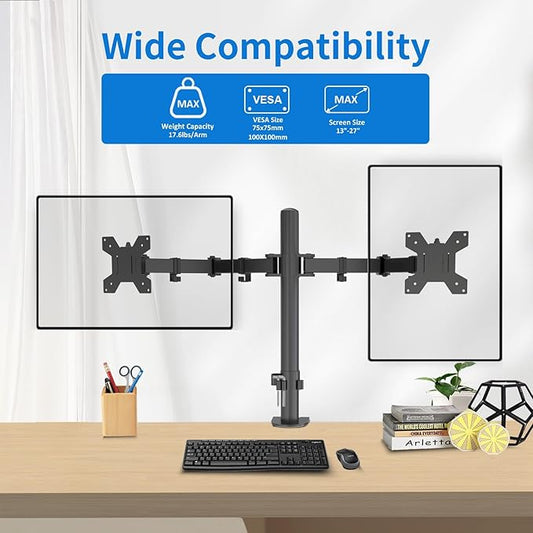 H&C(hcck&Cllassp) Dual Monitor Mount, Monitor Arm with Swivel, Tilt, Rotation, Height Adjustable, VESA Mount for 17-27” Monitors up to 17.6lbs, Desk Mount with C-Clamp, Black