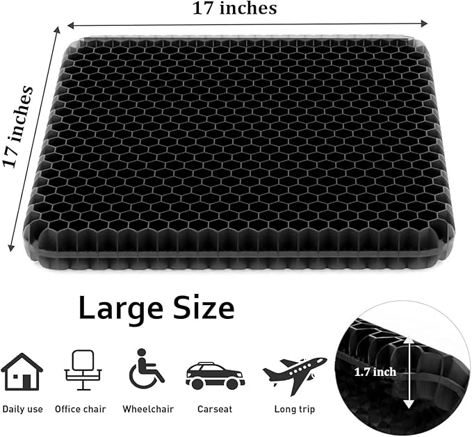 Gel Seat Cushion, Large Gel Cushion Breathable Honeycomb Chair Pads Gel Cushion with Non-Slip Cover for Home Office Chair Car Seat Wheelchair Absorbs Body Pressure Points, As Seen on TV (Black)