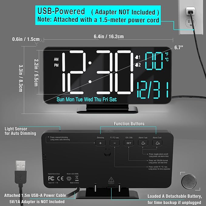 KOSUMOSU Digital Clock for Bedroom 6.7in Small Digital Alarm Clock Black, Dimming,12/24h,Date,Day of Week, Indoor Temperature,Desk Clocks for Classroom, LED Clocks for Living Room, Digital Calendar