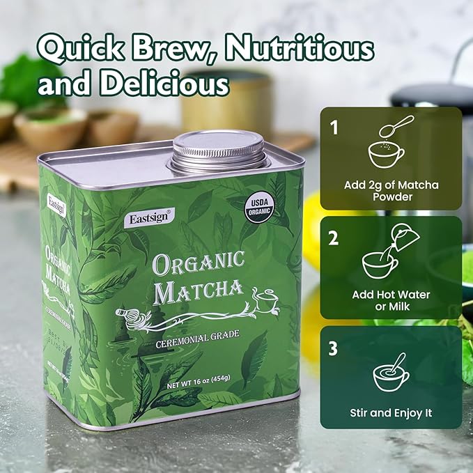 Eastsign Matcha Ceremonial Grade USDA Organic,Green Tea Powder 16oz, Premium USDA Organic Gluten Free Vegan and No Sugar,Suitable for Hot or Cold Drinks,Baking and Other Purposes(16oz)