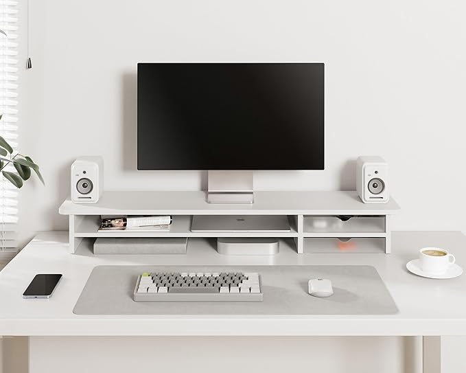 Fenge Monitor Stand, Dual Monitor Riser, 42.5inch Large Desk Computer Monitor Stand Riser with Drawer, 2 Tier Wood & Acrylic Desktop Organizer for Computer, Laptop, Printer, TV Screen Riser