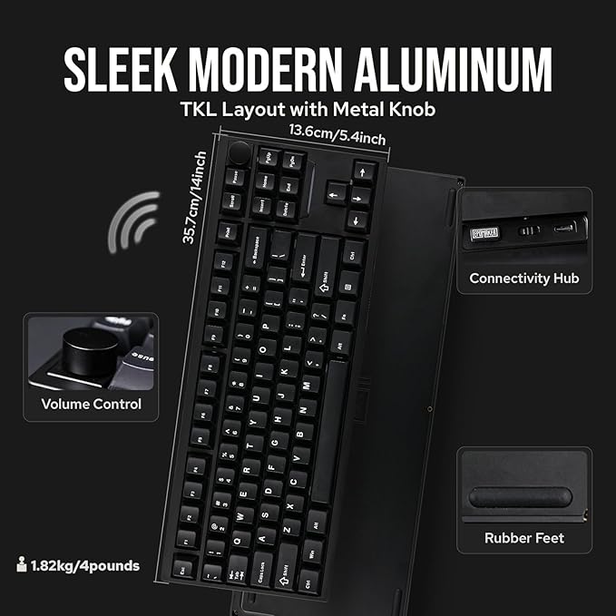 EPOMAKER P87 TKL Aluminum Wireless Gaming Keyboard, QMK/VIA Programmable, 87% Bluetooth/2.4Ghz/USB-C, with CNC Metal Knob and RGB Backlight (Black, Wisteria Linear Switch)