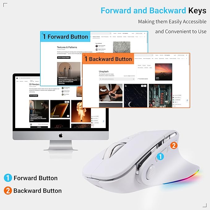 Ergonomic Mouse Jiggler,Bluetooth Vertical Wireless Mouse,LED Rechargeable Optical Computer Mice, Portable(BT5.2 or USB 2.4GHz) Dual Mode,1000/1600/2400 DPI,8 Buttons for Laptop,PC,Macbook (white)