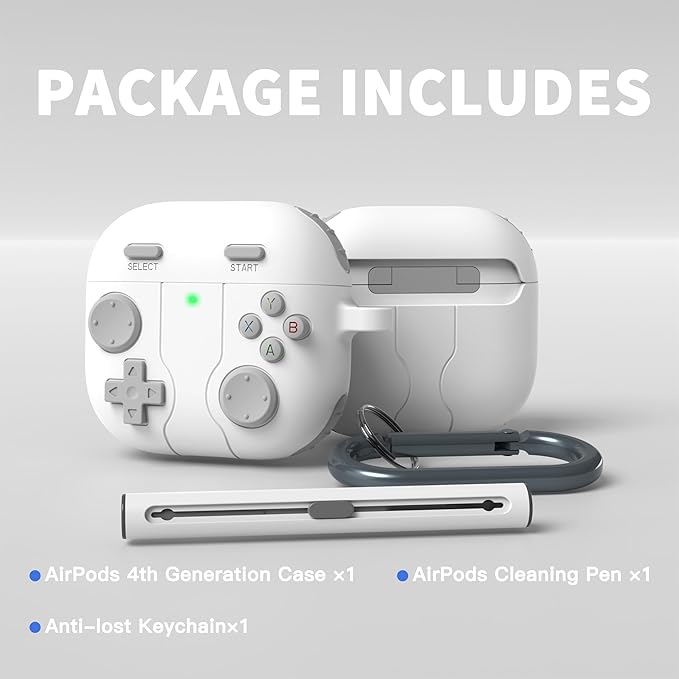 DamonLight Game Case for AirPods 4 Cover Shock-Proof Protective Silicone Case with Cleaning Pen and Keychain Accessories for Apple Airpods 4th Generation (White)