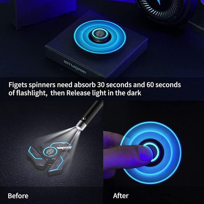 Fidget Spinners, Fidget Spinners Toy, Stress Anxiety ADHD Relief Figets Toy, Spinner Gifts for Adults and Kids, Metal Finger Hand Toy with Luminous Light, Absorb Solar Light Then Release in Dark