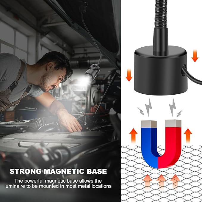 9W Magnetic LED Work Light, Adjustable Fucos Gooseneck Shop Light with Magnetic Base, Sewing Machine Light, Magnet Task Lamp for Work Bench, Lathe, Bandsaw