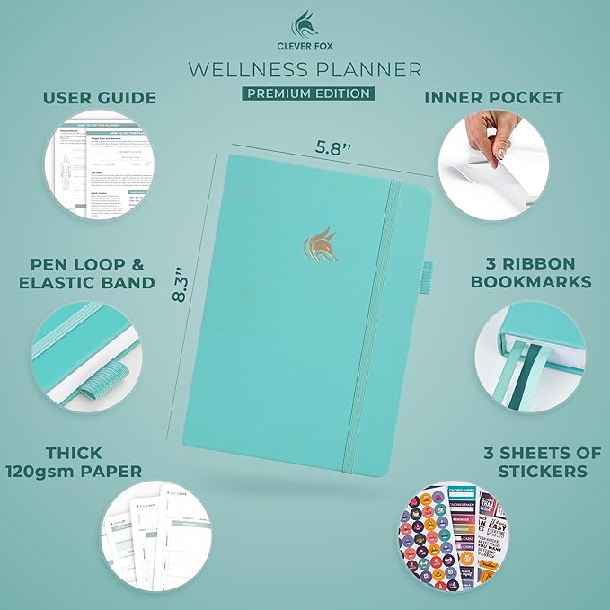 Clever Fox Wellness Planner - Weekly & Daily Health and Wellness Log, Food Journal & Meal Planner Diary for Calorie Counting, Notebook for Medical Condition Tracking, A5-Sized - Turquoise