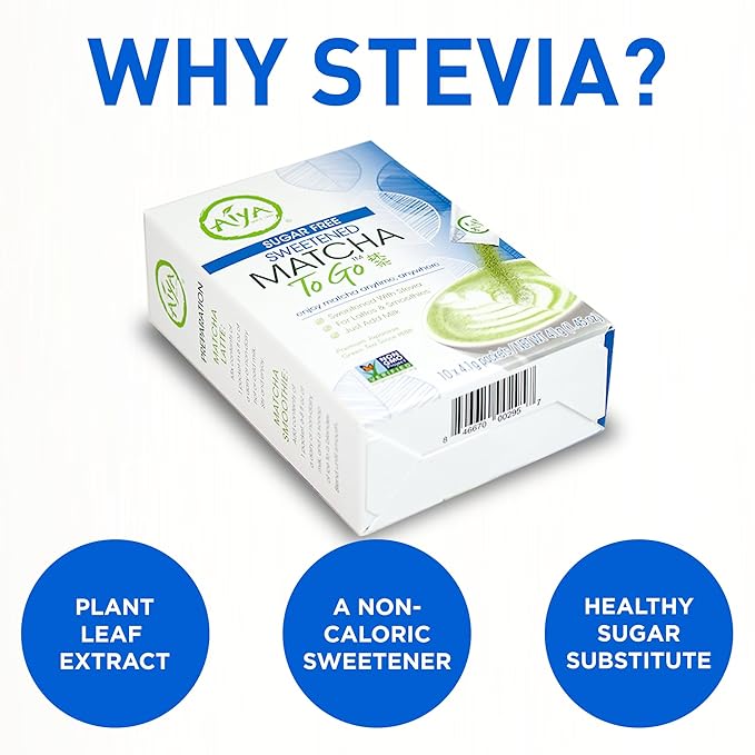 Aiya Sugar-Free Sweetened Matcha To Go Sticks - Stevia Sweetened Packets, Premium Japanese Matcha Powder, Gluten-Free - 10 Single-Serving Sticks